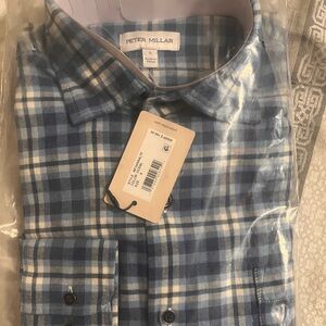 NWT Peter Millar Navy and White Plaid Shirt Sz Small
